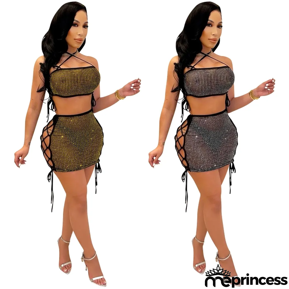 Summer Sexy Golden Rhinestone Halter Crop Top And Bandage Mini Dress Wholesale 2 Piece Sets