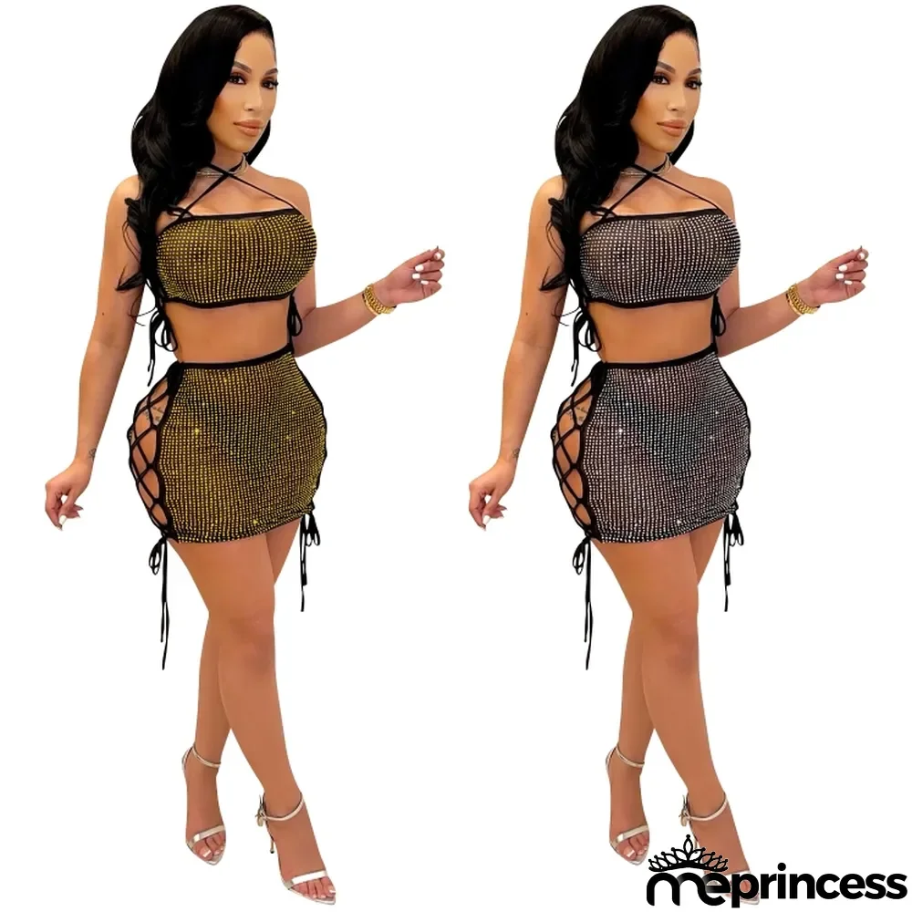 Summer Sexy Golden Rhinestone Halter Crop Top And Bandage Mini Dress Wholesale 2 Piece Sets