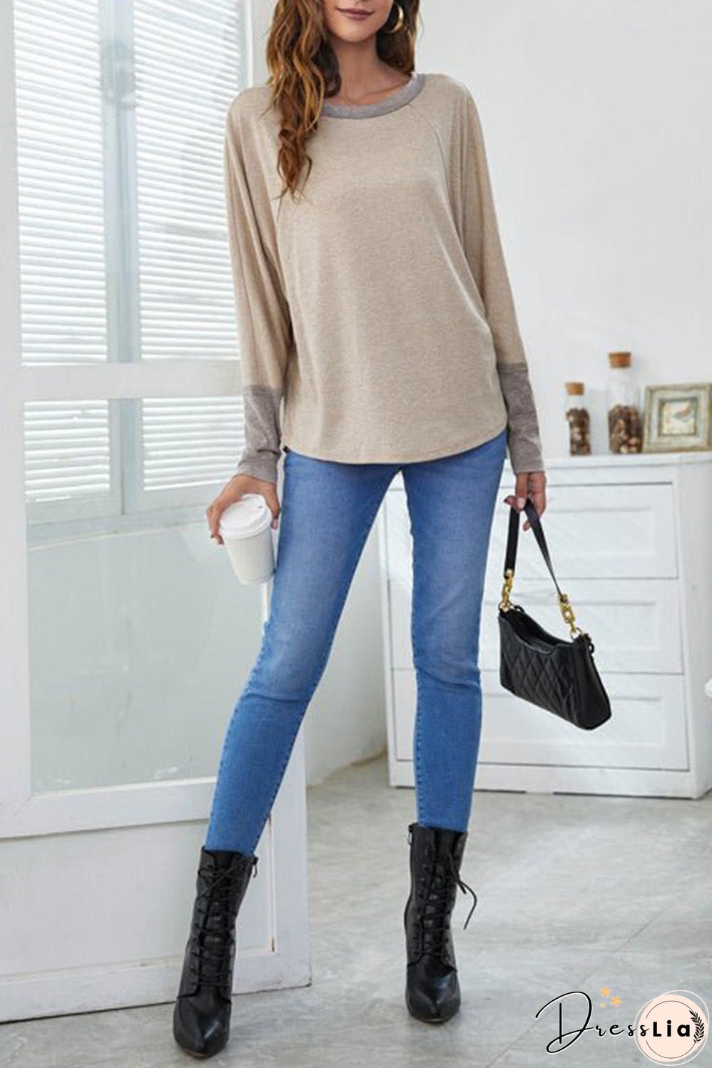 Beige Round Neck Long Sleeve T-Shirt