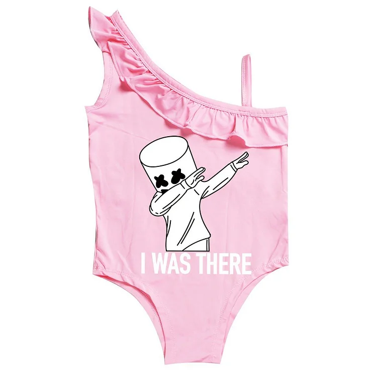 Mayoulove Dab Dance Marshmello Print Girls Ruffle One Piece Shoulder Swimsuit-Mayoulove