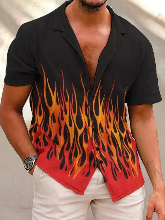 Men's Gradient Flame Print Short Sleeve Shirt