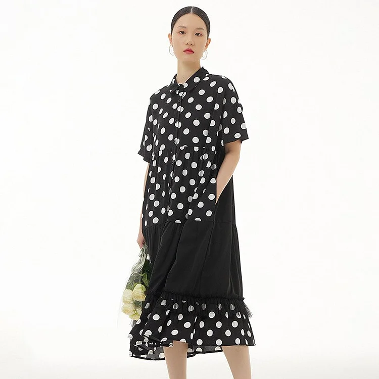 Temperament Lapel Black Patchwork Dot Printed Single-breasted Short Sleeve Splicing Mesh Hem Dress