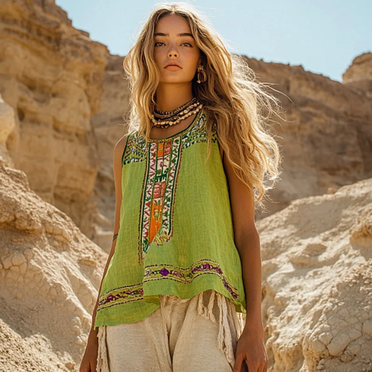 Women's Retro Loose Bohemia Ethnic Style Linen Sleeveless Top