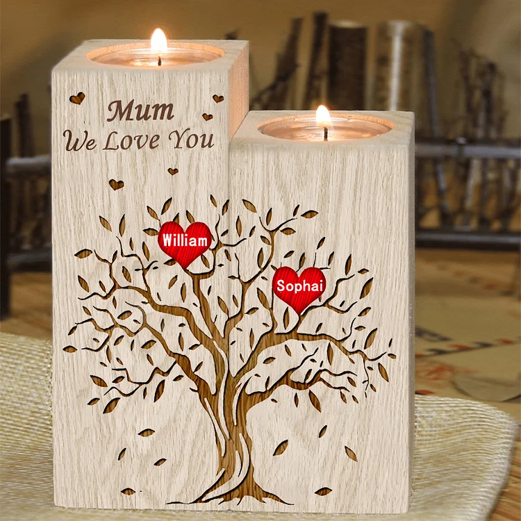 2 Names-Personalized Mum/Nan Family Tree Wooden Candle Holder, Custom Name And Text Family Candlestick for Mother/Grandma