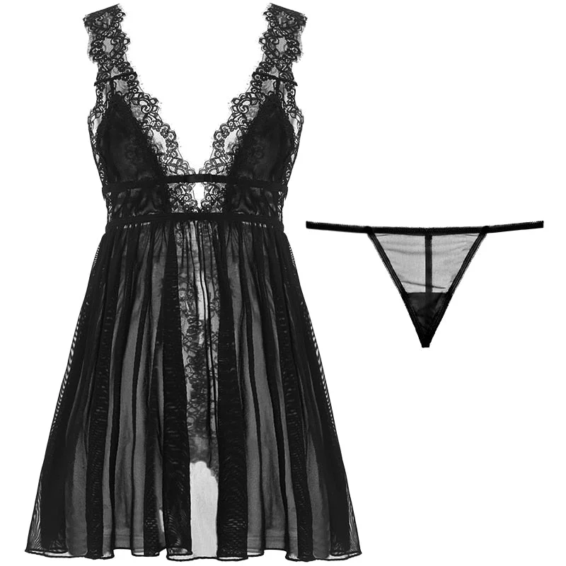 Women Sleepwear Sexy Lingerie Mesh Lace Nightdress Black Sling Deep V Female Back Split Lace Homedress Sleepwear Night Dress
