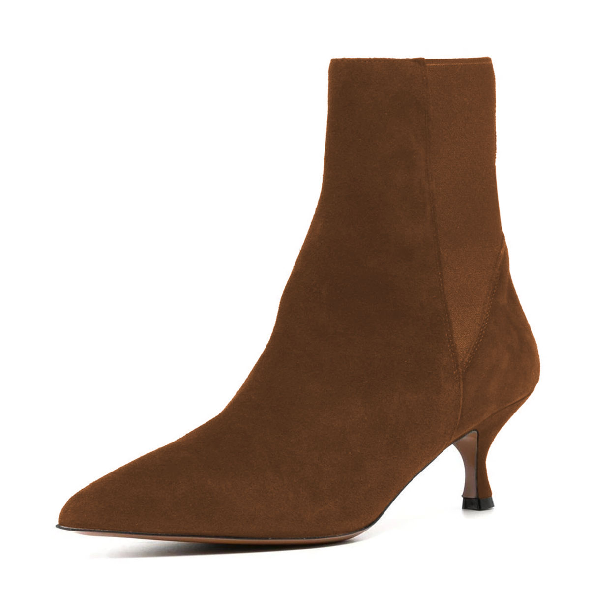 Brown Vegan Suede Pull-On Pointed Toe Kitten Heeled Ankle Boots Nicepairs