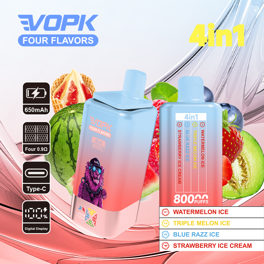 vopk 4 in 1 80k rechargeable disposable vape Strawberry watermelon & Cranberry grape & Mango ice & Strawberry raspberry candy