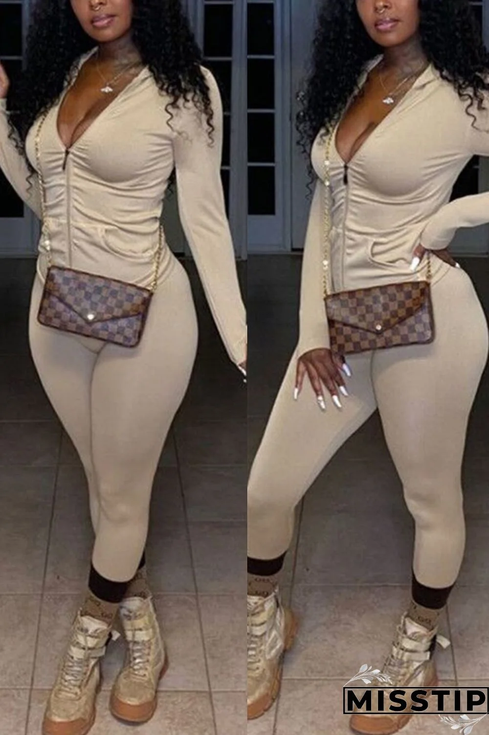 purple Fashion Sexy Solid Zipper Collar Long Sleeve Regular Sleeve Regular Two Pieces