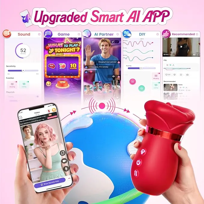 Vibrator oral Sovokn 5 &icirc;n 1 &icirc;n formă de trandafir pentru femei, cu 10 funcții de linge a limbii, 3 funcții de supt automat și 1 funcție de supt manual. De asemenea, are un nou control al aplicațiilor și funcționează ca un masaj anal.