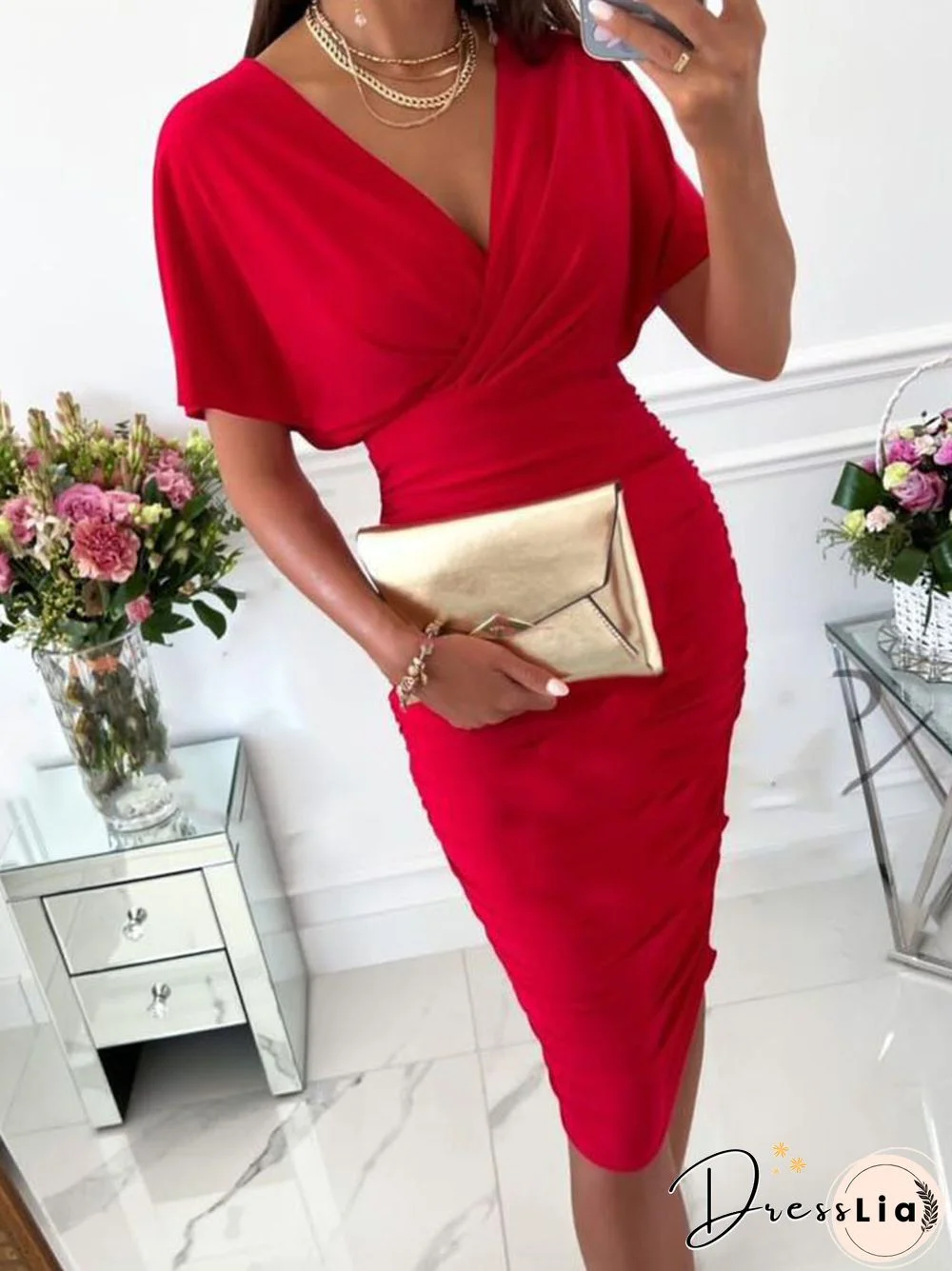Summer Elegant Short Sleeve Chic V-Neck Mid Length Dress Lady Sexy Solid Tight Party Dress Fashion Temperament Slim Office Dress