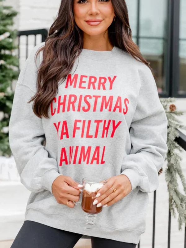 Women's New Christmas Letter Print Casual Round Neck Sweatshirt Flusfy