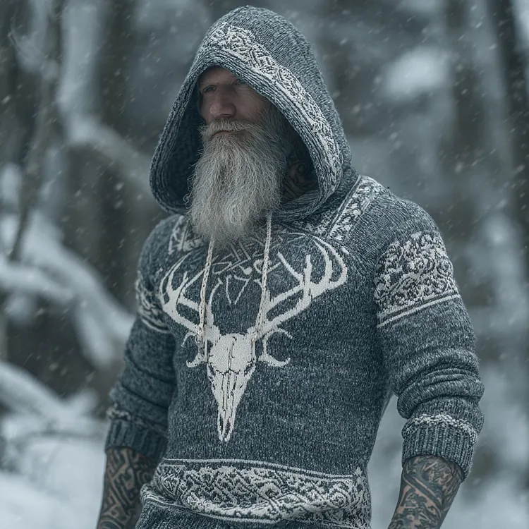 Men's Viking Inspired Deer Skull Cozy Knit Hooded Sweater