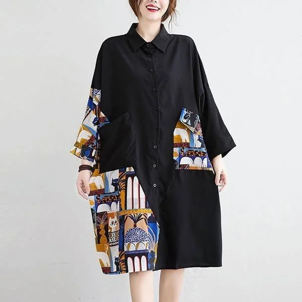 New 2020 Autumn Vintage Print Patchwork Loose Comfortable Female Knee-length Dresses