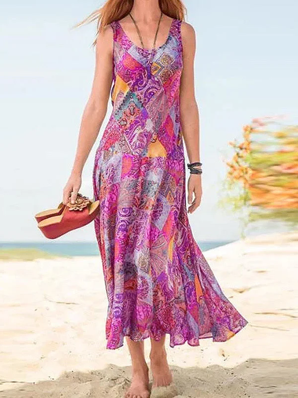 Women's Sleeveless Round Neck Geometric Print Fashion Casual Dress