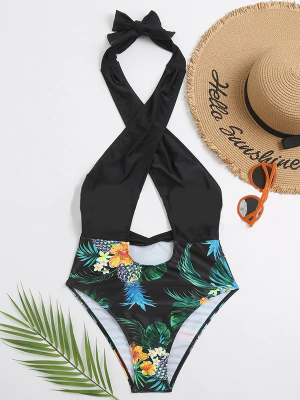 Floral-Print Split-Joint Backless Halterneck One-Piece Swimwear 