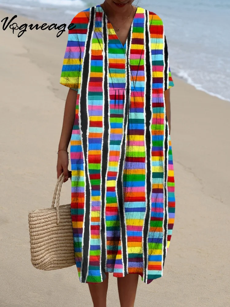 Casual Color Stripes Printed Women's Casual Cotton And Linen Dress