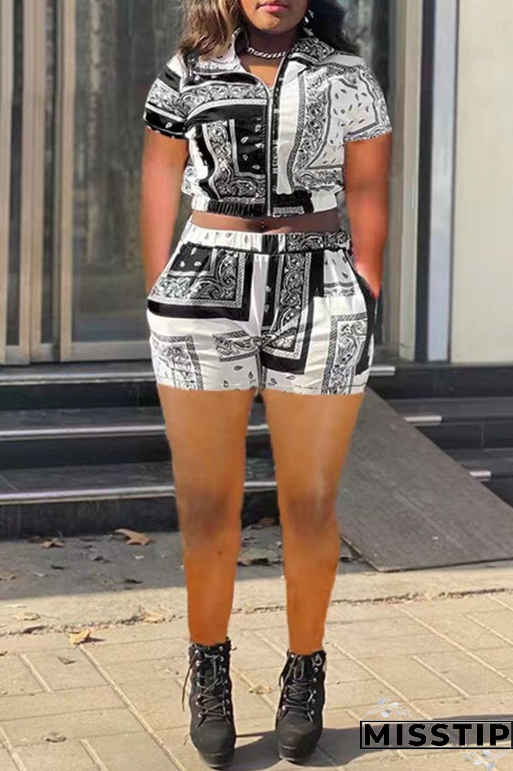 Blue Fashion Casual Print Basic Turndown Collar Short Sleeve Two Pieces