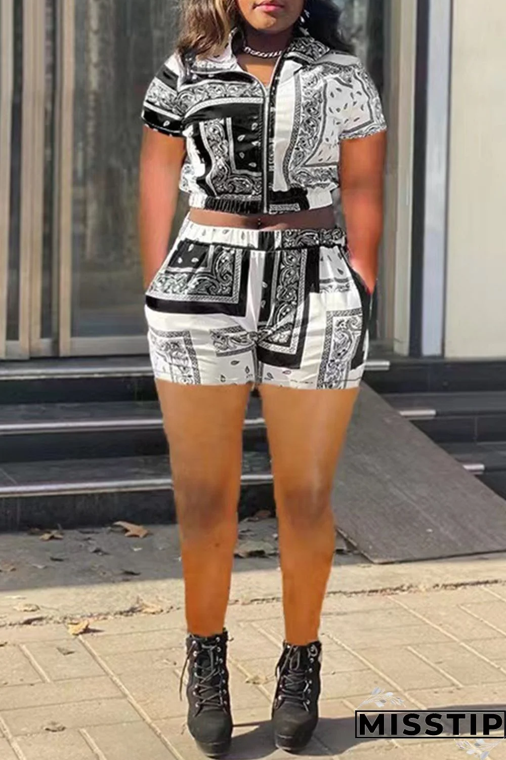 Blue Fashion Casual Print Basic Turndown Collar Short Sleeve Two Pieces