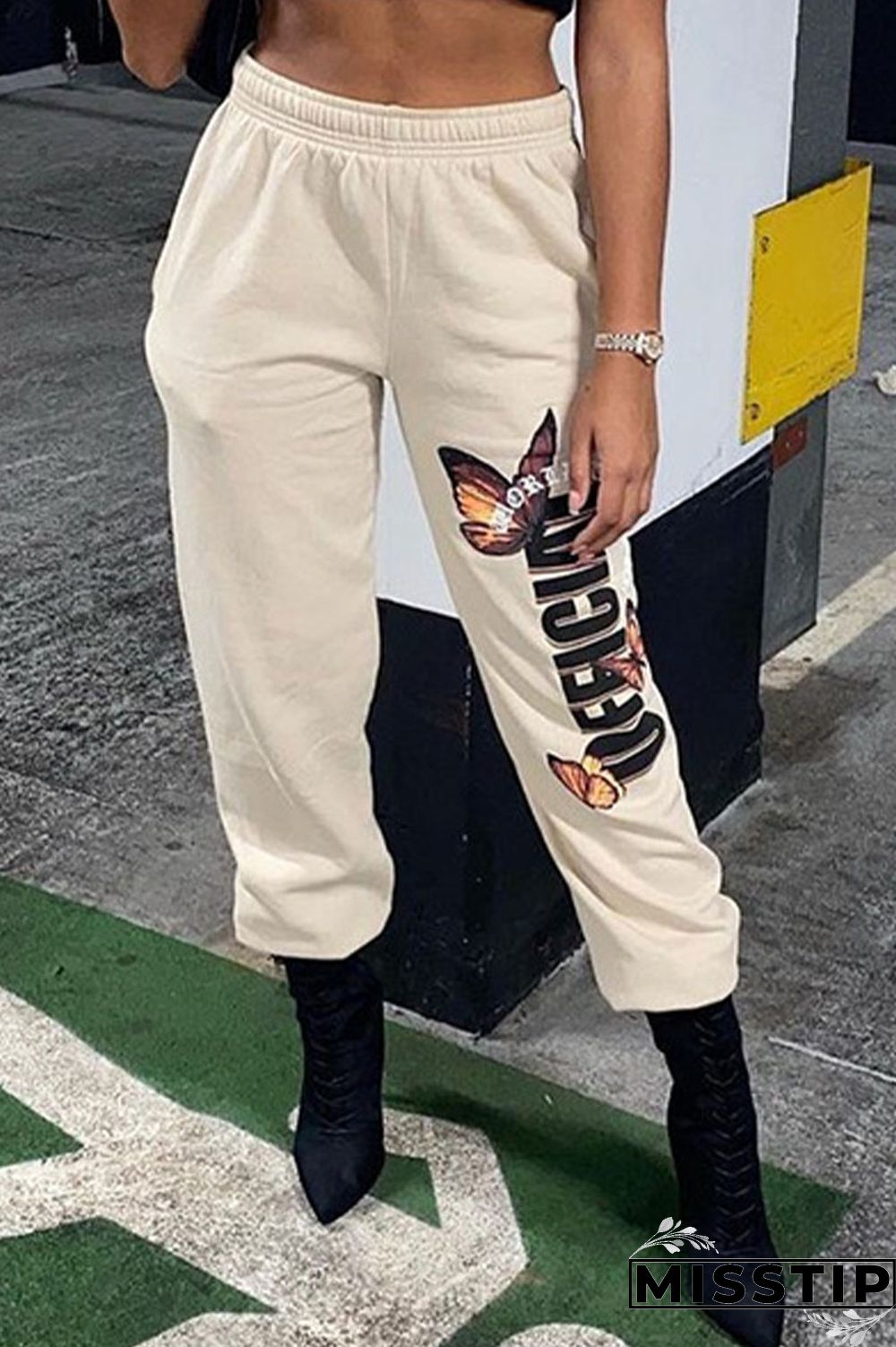 Cream WhiteSexy CasualStreet Print ButterflyRegular Small ElasticMid WaistPencil Bottoms