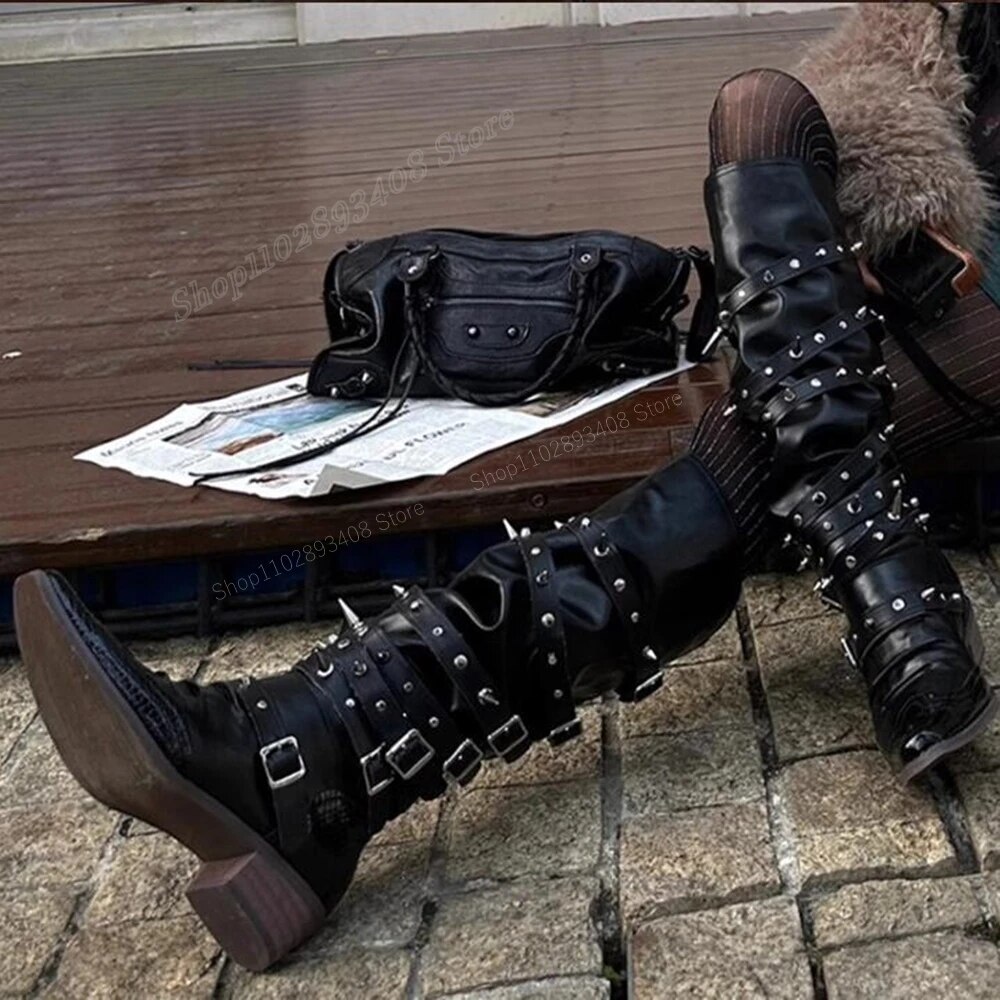 VCSHOES Rivet Buckle Belts Decor Knee High Boots Western Knight Boots Leather Chunky Heel Women Shoes Zapatos Para Mujere