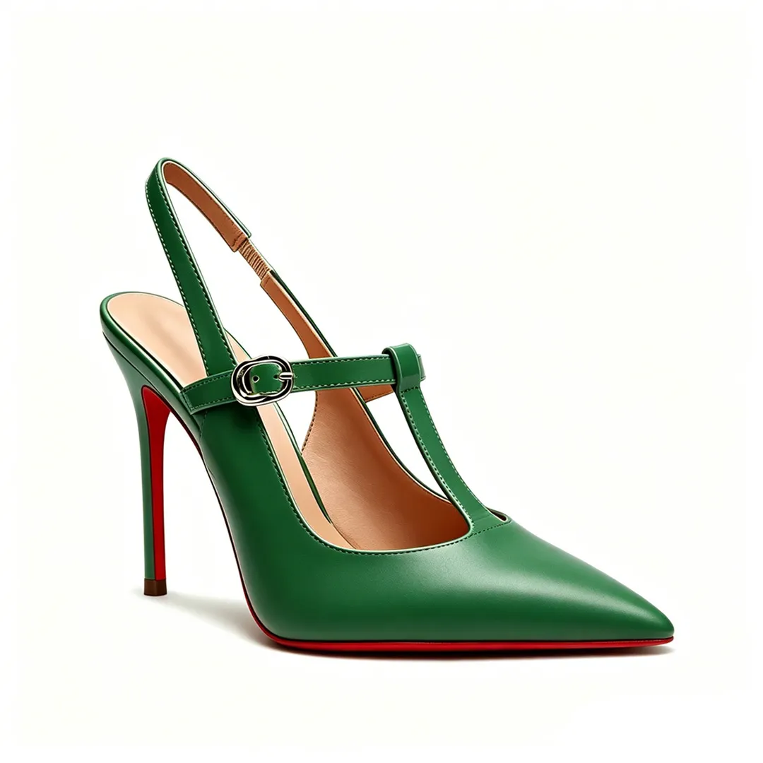 100mm Women T-Strap Slingback Pumps Pointed Toe Thin Stiletto Heels Red Bottom Heels-MERUMOTE