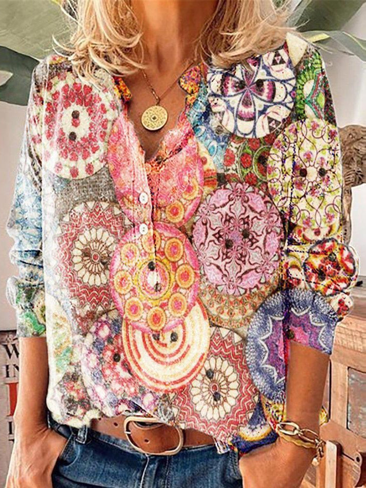 Women Long Sleeve V-neck Graphic Floral Printed Top
