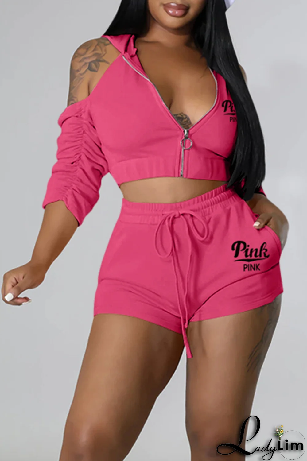 Black Sexy Print Patchwork Hooded Collar Three Quarter Two Pieces