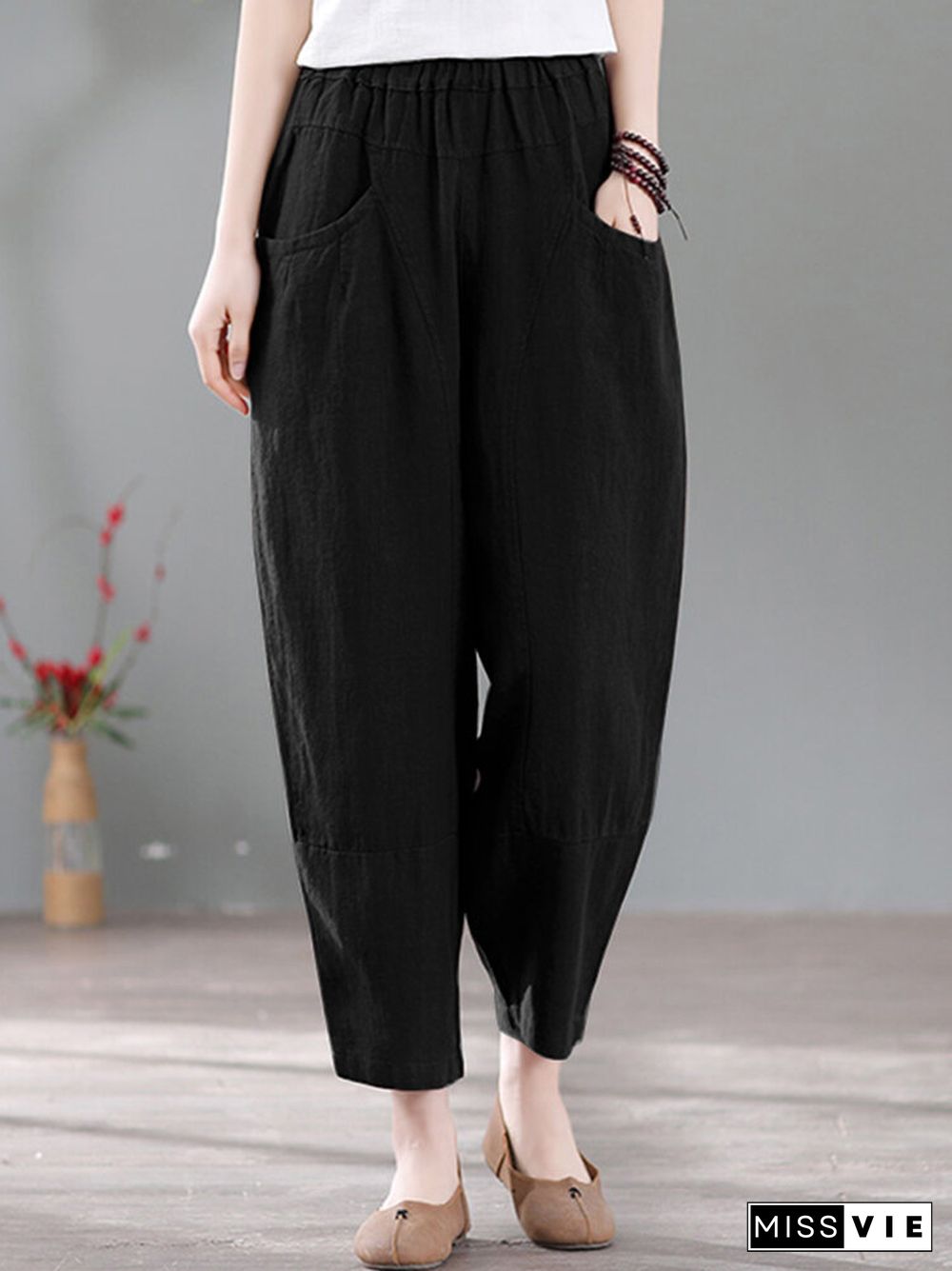 Solid Pocket Casual Cotton Pants