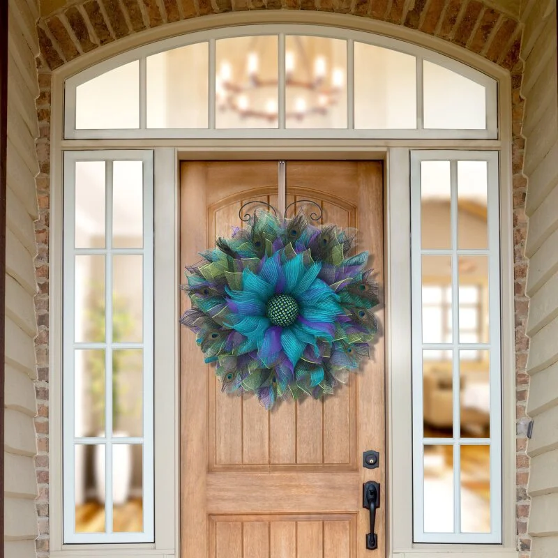 Peacock Pattern Burlap Sunflower Wreath Outdoor Summer Wreaths For Front Door