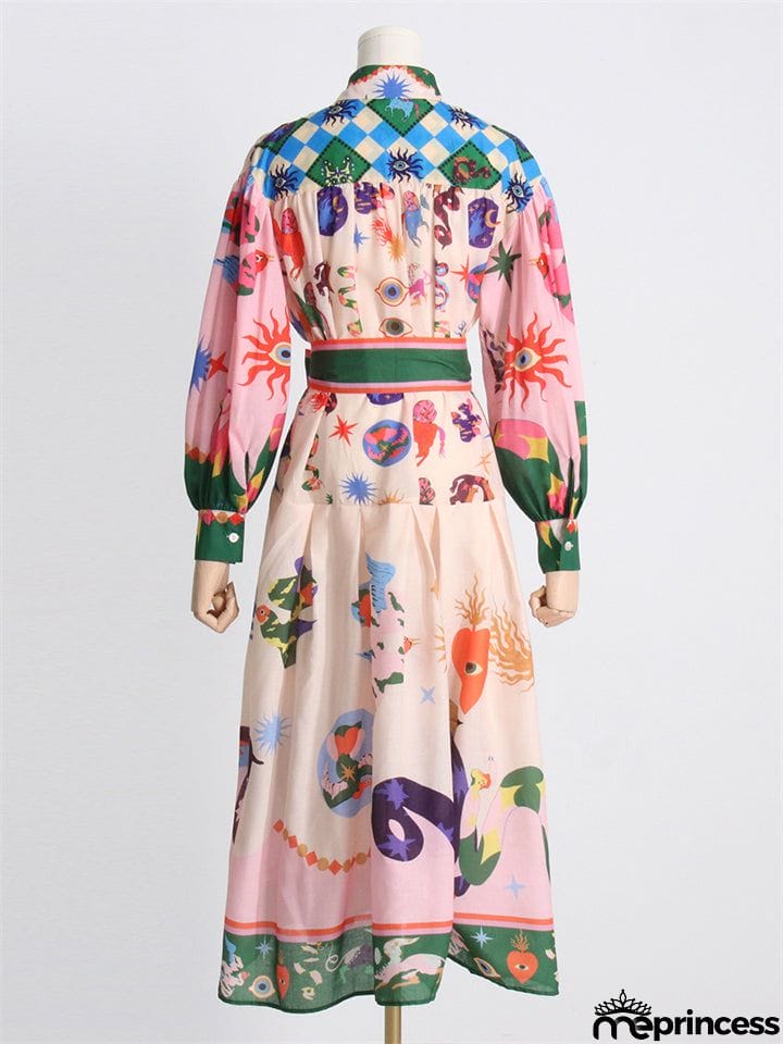 Bohemian Casual Lapel Button Lantern Sleeve Printed Ladies Dress