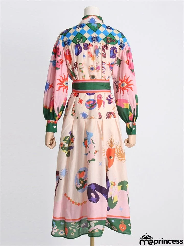 Bohemian Casual Lapel Button Lantern Sleeve Printed Ladies Dress