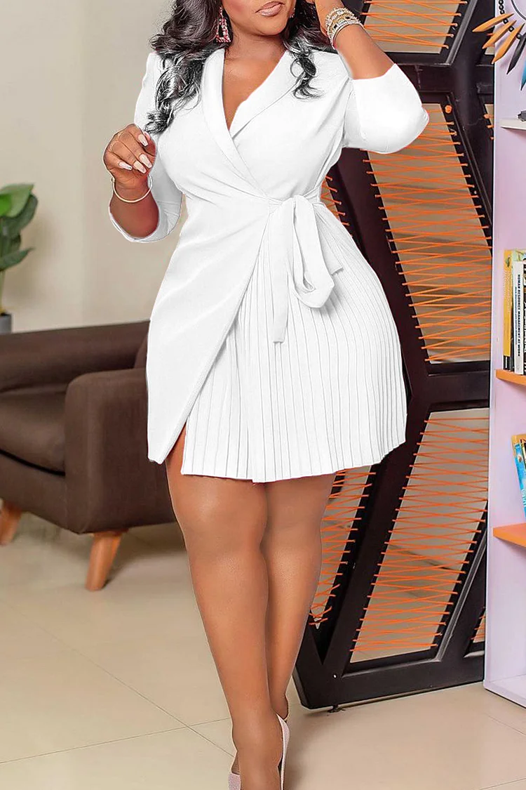 Notch Lapel 3/4 Sleeve Tie Up Pleated White Blazer Mini Dresses