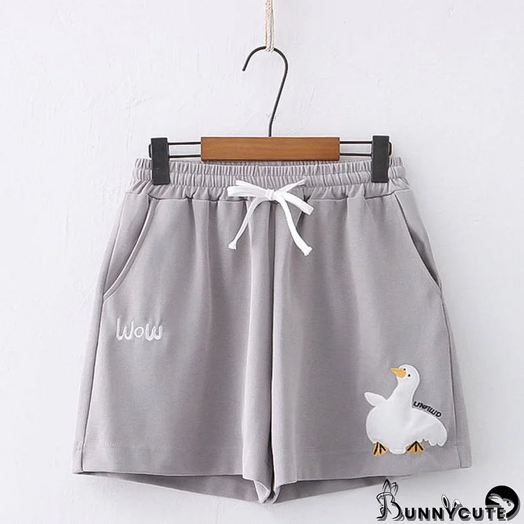 Cartoon Duck Embroidery Pocket Drawstring Shorts