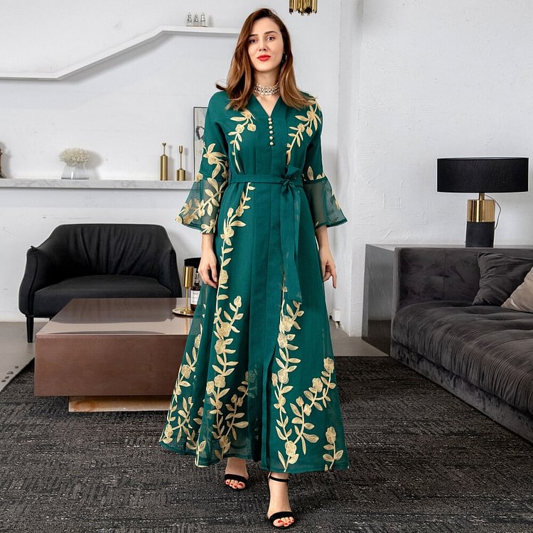 African Americans fashion QFY 2022 Women Muslim Fashion Abayas Embroidered Floral Boho Kimono Djellaba Femme Marocaine Arabic Dress Kaftan Islamic Clothing Ankara Style QueenFunky