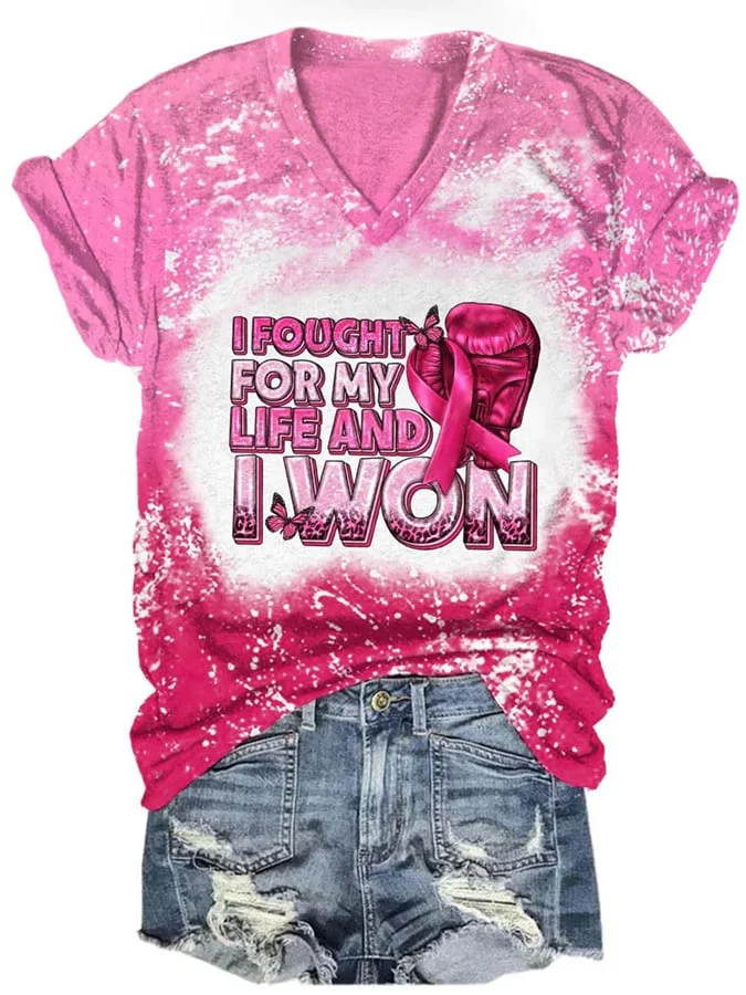 Women's I Fought For My Life And i Won Breast Cancer Print Casual Tee socialshop