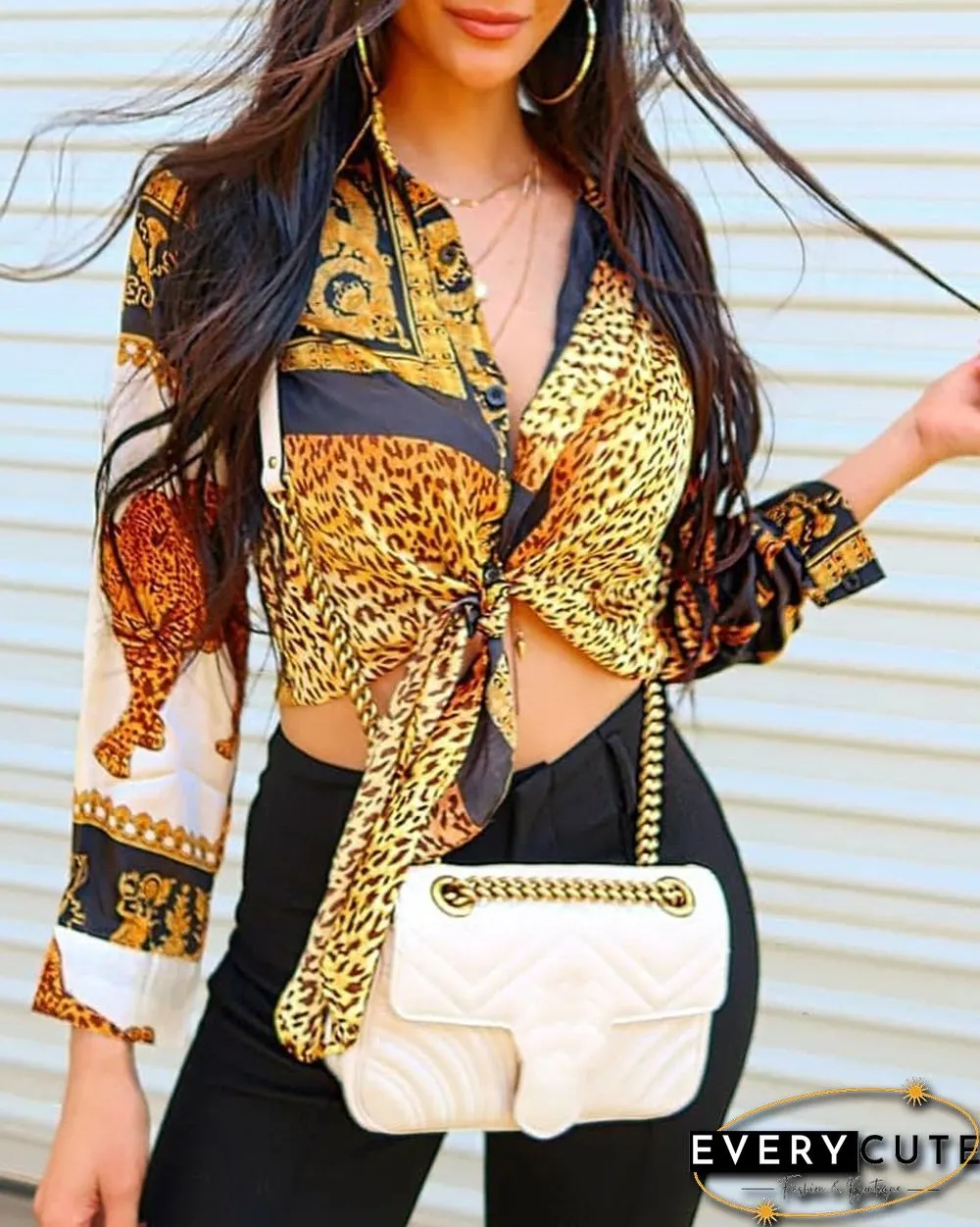 Leopard Print Knot Front Long Sleeve Blouse