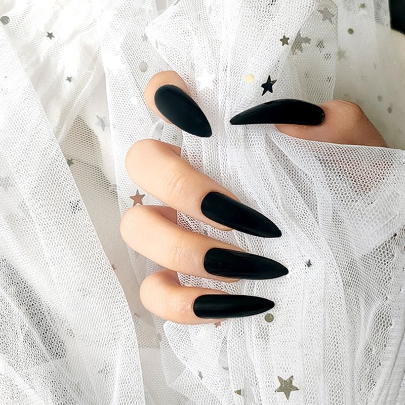 Extra Long Black Matte Fake Nails Reusable Solid Color Ultra Thin Trendy Oval Sharp End Stilettos False Nails with Glue Sticker