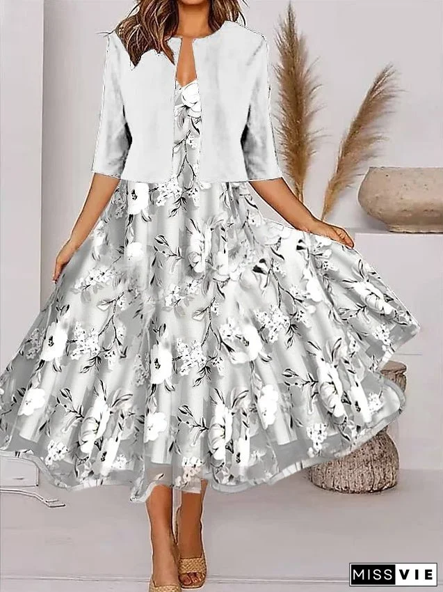 Women's Two Piece Dress Set Casual Dress Chiffon Dress Outdoor Daily Fashion Elegant Print Midi Dress V Neck Half