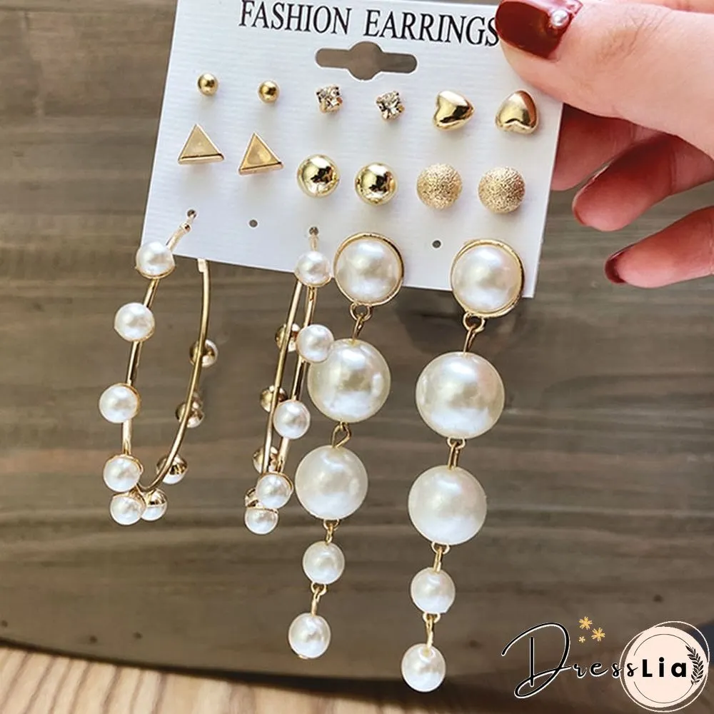 17KM Fashion Pearl Hoop Earrings Set For Women Geometirc Gold Metal Circle Hoop Earrings Brincos Trend Jewelry Gift