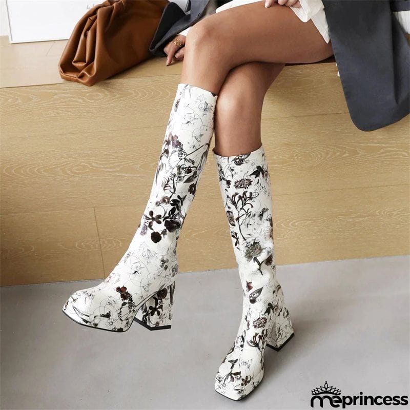 Trendy Colorful Floral Printed Thick Heel Long Boots