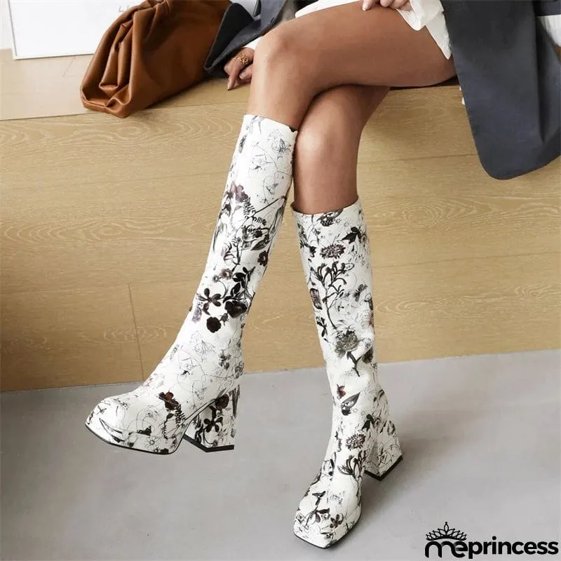 Trendy Colorful Floral Printed Thick Heel Long Boots