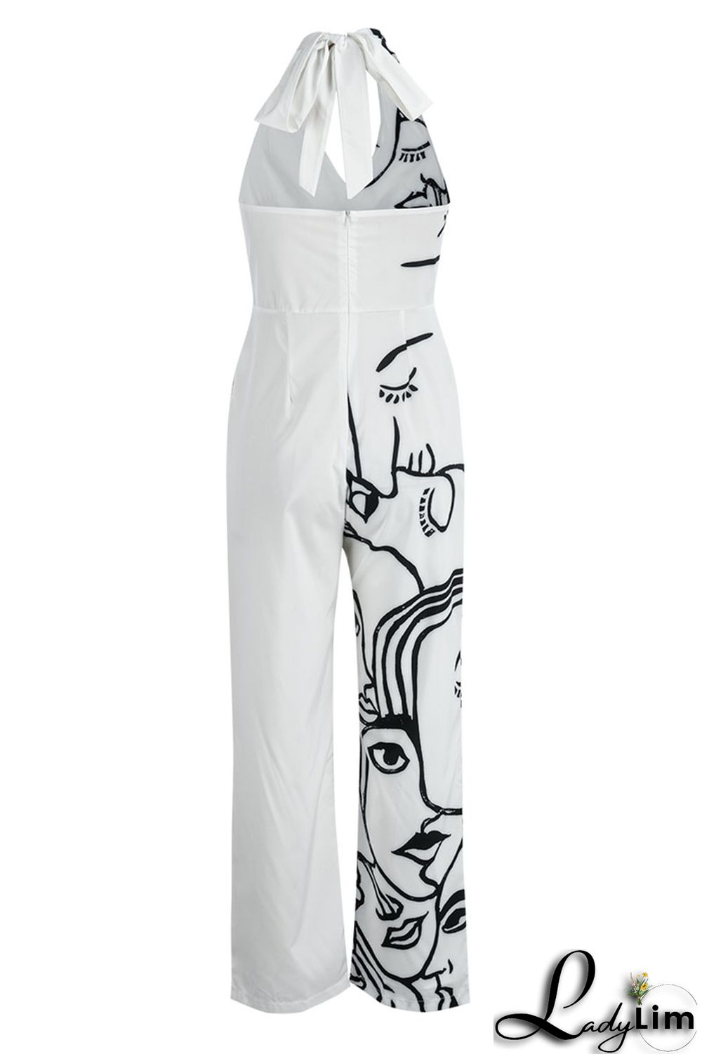 Black Casual Print Bandage Patchwork Backless Straight Jumpsuits