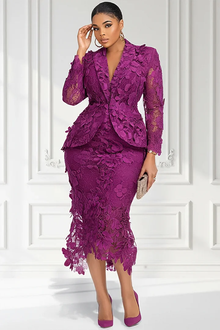 Xpluswear Design Plus Size Cocktail Party Purple Lapel Collar Long Sleeve Bodycon See Through Lace Two Piece Skirt Set 2024 - Xpluswear