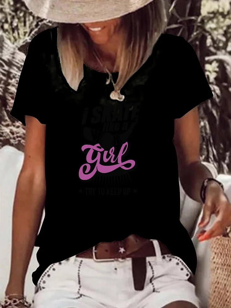 I skate like a girl , try to keep up hockey Raw Hem Tee-Annaletters