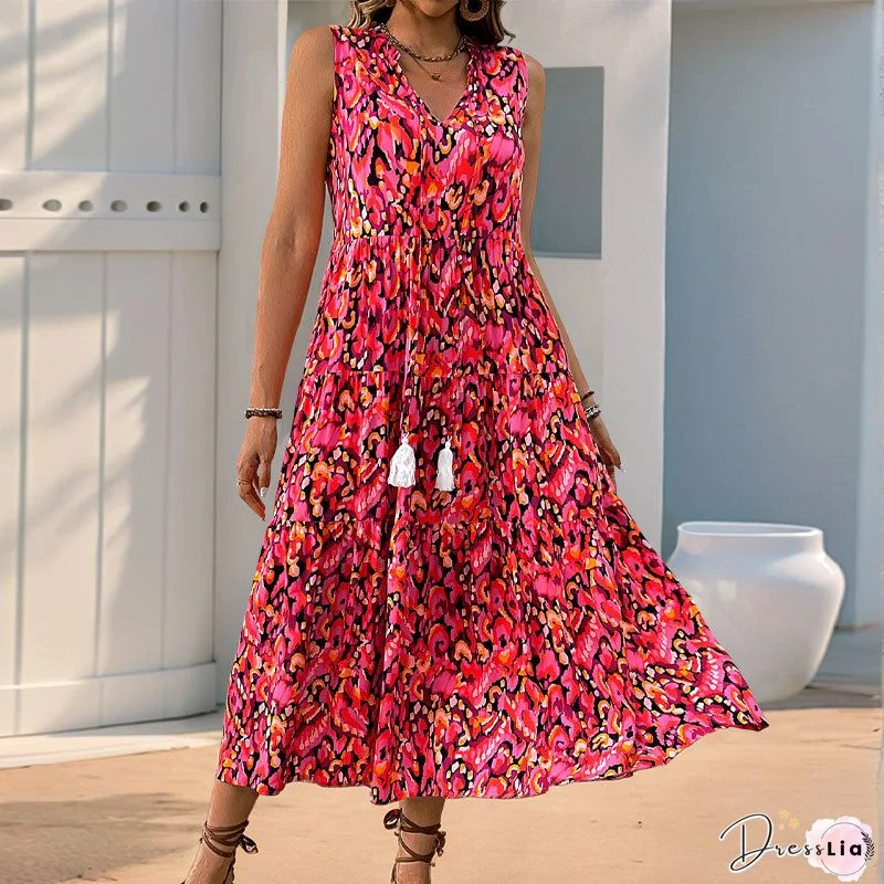 Bohemian V-Neck Printed Gathered Waist Midi Dress