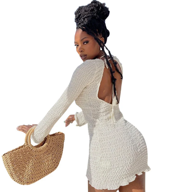 Ueong New Women's Holiday Wind Bubble Thread Solid Color Hanging Neck With A Show Back Dress
