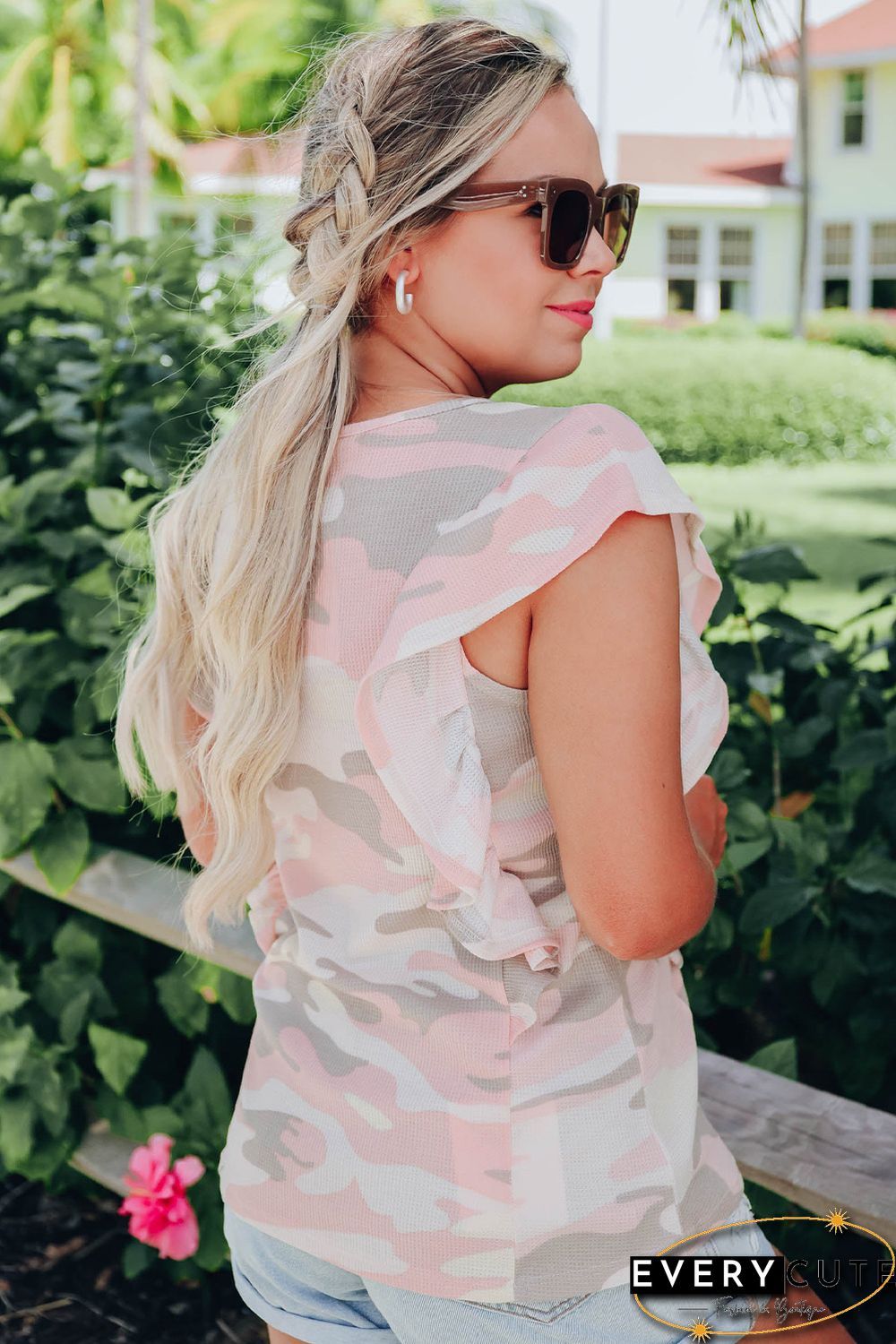 White Camo Print Ruffle Trim Tank Top