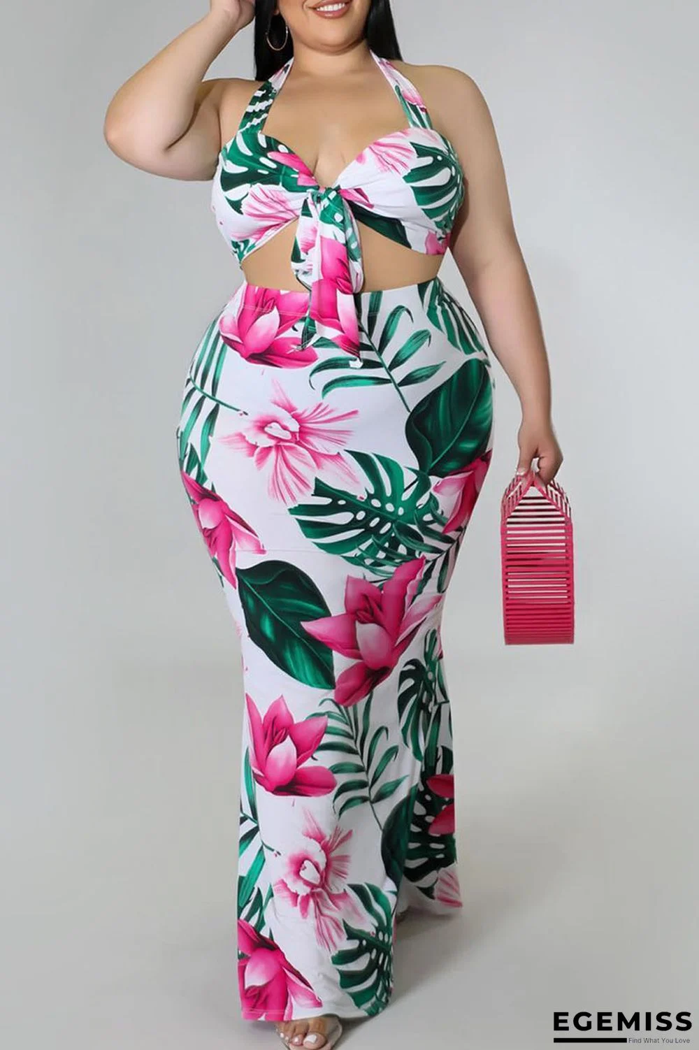 Green Sexy Print Bandage Patchwork Halter Plus Size Two Pieces | EGEMISS