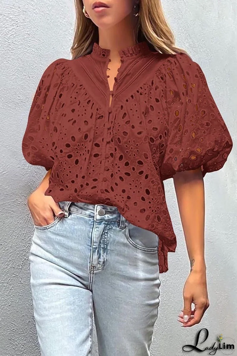 Casual Solid Hollowed Out Buckle Mandarin Collar Tops