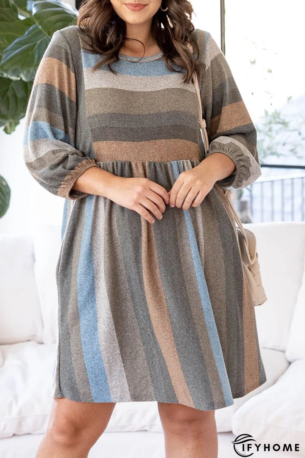 Stripe Plus Size 3/4 Sleeves Striped Print Empire Waist Dress | IFYHOME
